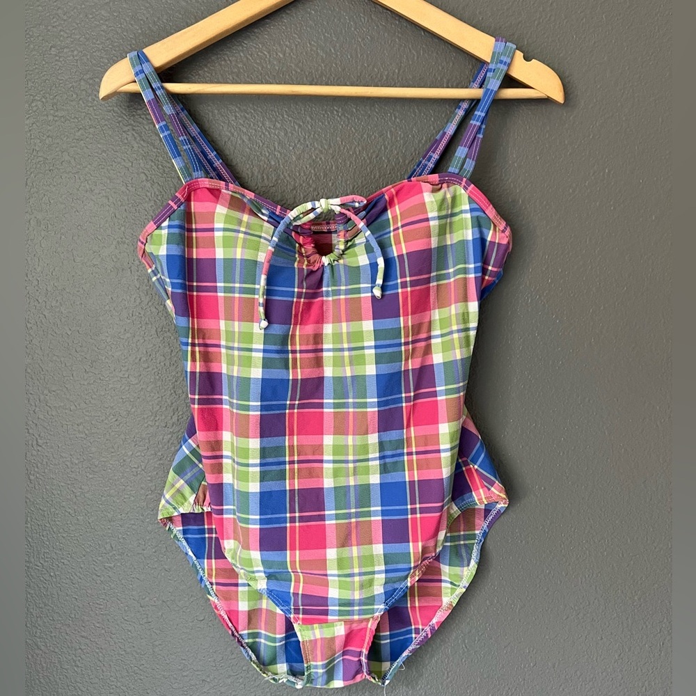 Patchwork Preppy Plaid Blue Pink One Piece Swimsuit Large
